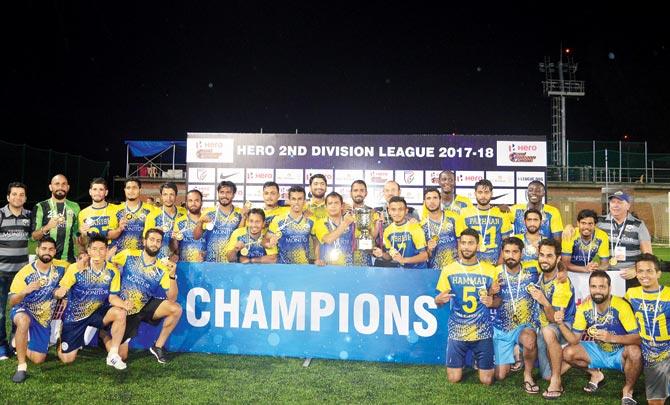 Real Kashmir FC players celebrate their 2nd Division I-League title after beating Hindustan FC 3-2 in Bangalore recently