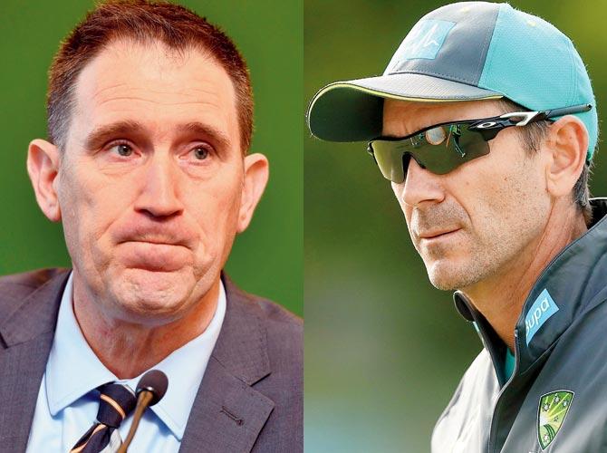  Cricket Australia chief James Sutherland addresses the media in Melbourne yesterday. Pic/AFP. (Right) Justin Langer
