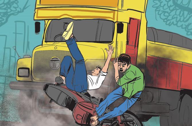 Instead of getting saved from an accident, they got involved in one. While Usman was flung off the bike, Sameer slid under a truck with the two-wheeler.