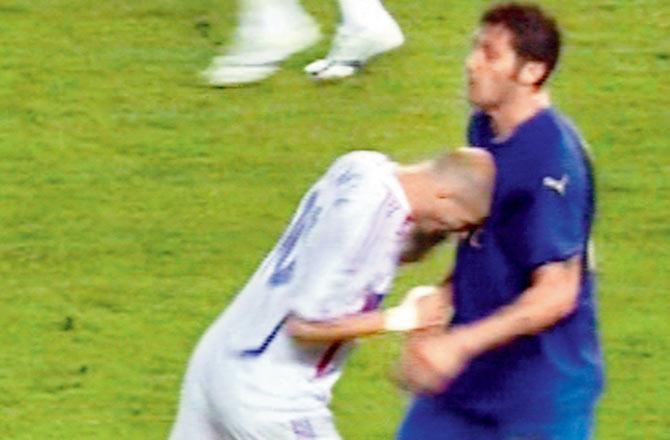 France striker Zinedine Zidane head-butts Italian defender Marco Materazzi during the 2006 World Cup final at Berlin