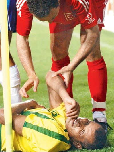 Rivaldo after being hit by a ball