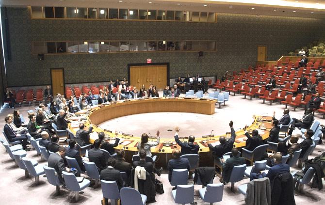 In this photo provided by the United Nations, the U.N. Security Council votes to demand an immediate end to the fighting in South Sudan, Thursday, March 15, 2018 at United Nations headquarters. the U.N. Security Council on Thursday urged the warring parties in Yemen to ensure that humanitarian aid gets to all affected areas, citing U.N. estimates that over 22 million people need food, medicine and other aid. Pic/AP/PTI