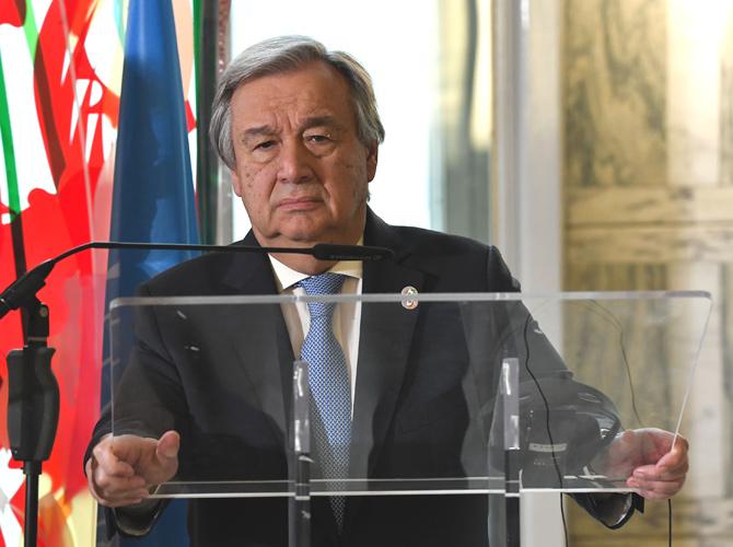 UN Secretary-General Antonio Guterres gives a joint press conference during the Ministerial meeting "Lebanon, building trust: a viable security for the country and the region" on the support of the Lebanese security forces, at Foreign ministry headquarters, Farnesina palace, in Rome on March 15, 2018. Pic/AFP