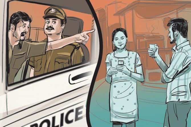 They ask him to sit  in the van. They search in the area, and after three hours, spot the couple at a tea stall. Illustration/ Uday Mohite