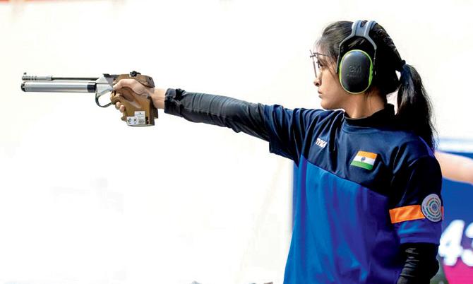 Manu Bhaker during the 10m air pistol event at the ISSF World Cup in Mexico on Sunday
