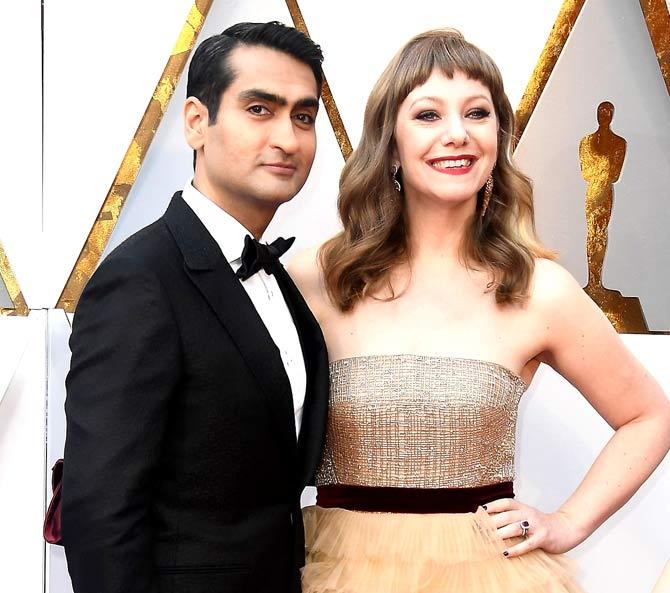 Kumail Nanjiani (L) and Emily V. Gordon attend the 90th Annual Academy Awards. Pic/AFP