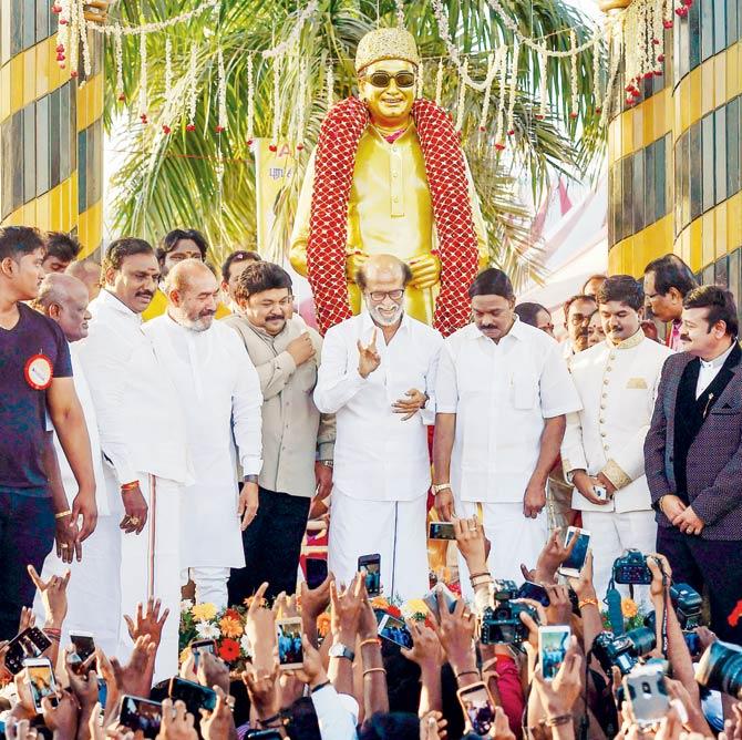 Superstar Rajinikanth interacts with the media after unveiling a statue of former chief minister MG Ramachandran at the Dr MGR Educational and Research Institute in Chennai on Monday. Pic/PTI