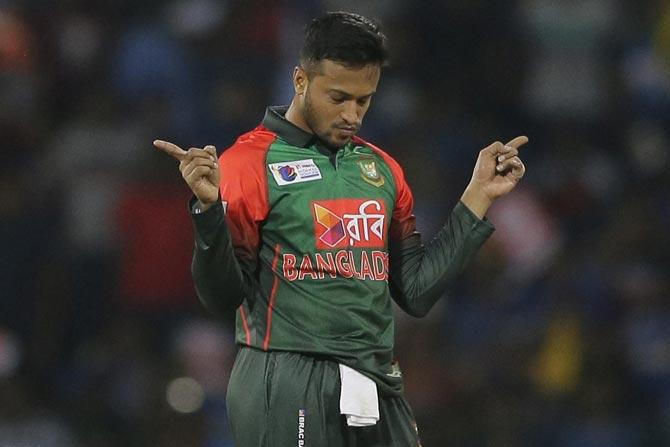 Bangladeshs Shakib Al Hasan reacts as he celebrates the dismissal of Sri Lanka