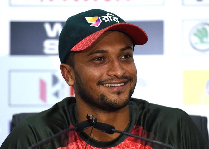 Bangladeshi cricket captain Shakib Al Hasan looks on during a press conference after a practice session at the R.Premadasa Stadium in Colombo on March 17, 2018. Bangladesh is playing the final Twenty20 international cricket game of the Nidahas Trophy tri-nation Twenty20 tournament against India on March 18. Pic/AFP