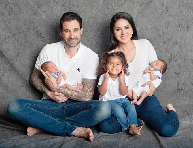 Sunny Leone with husband Weber, daughter Nisha, and twins