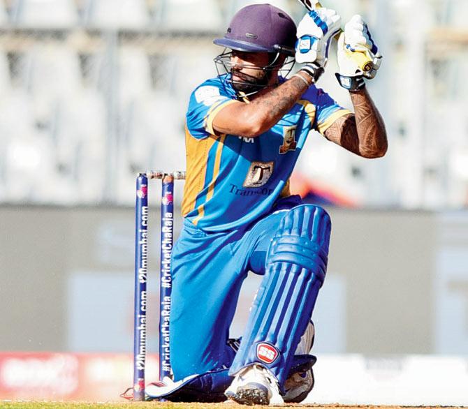Triumph Knights skipper Suryakumar Yadav plays a square drive during Qualifier 1 of the T20 Mumbai League against SoBo SuperSonics at the Wankhede Stadium in Churchgate yesterday. Pic/Atul Kamble