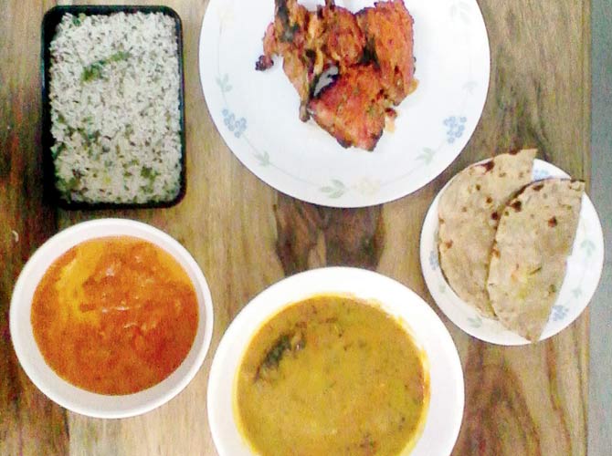 Tandoori chicken, jeera rice and dal fry