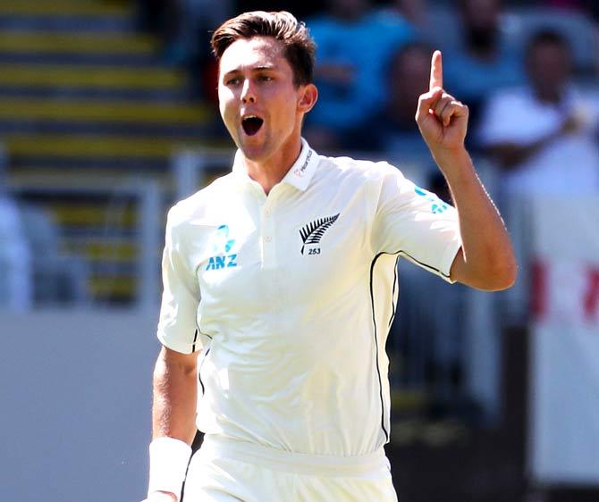 Trent Boult of New Zealand reacts after bowling Alastair Cook of England during the first day of the day-night Test cricket match between New Zealand and England at Eden Park in Auckland. Pic/AFP