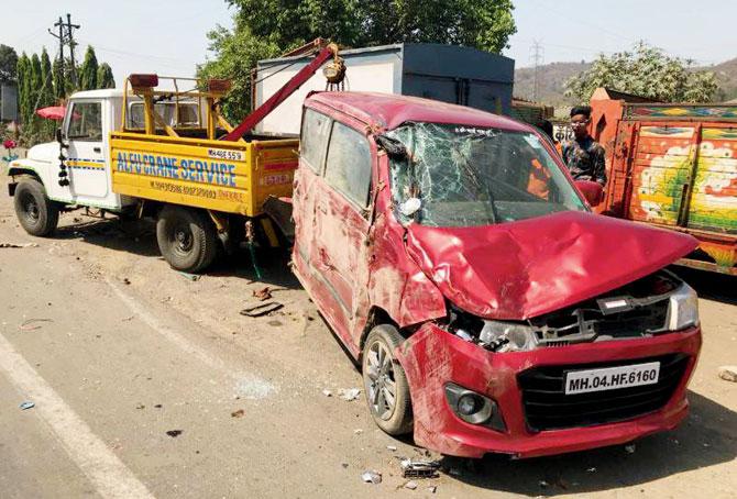 The WagonR they were travelling in tumbled twice on the road before colliding with the truck. Pics/Hanif Patel