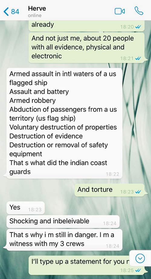 Screenshot of whatsapp message from Herve to Radha Stirling CEO of Detained in Dubai talking about India’s role