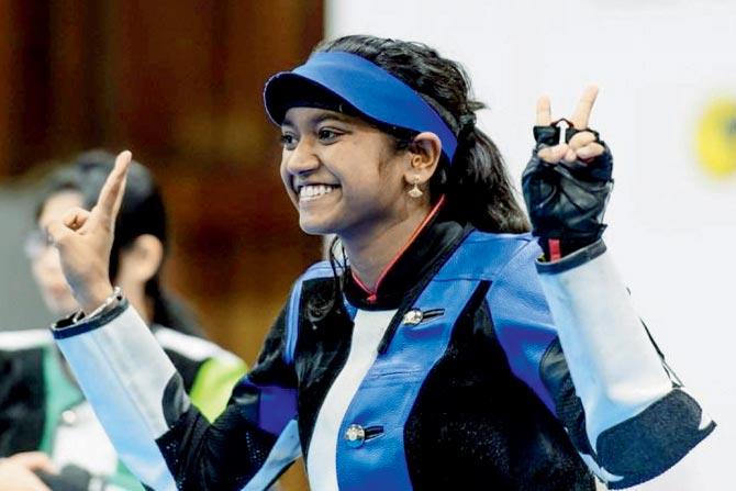 Shooter Elavenil Valarivan celebrates after winning gold in the 10m air rifle event at the ISSF Junior World Cup in Sydney yesterday