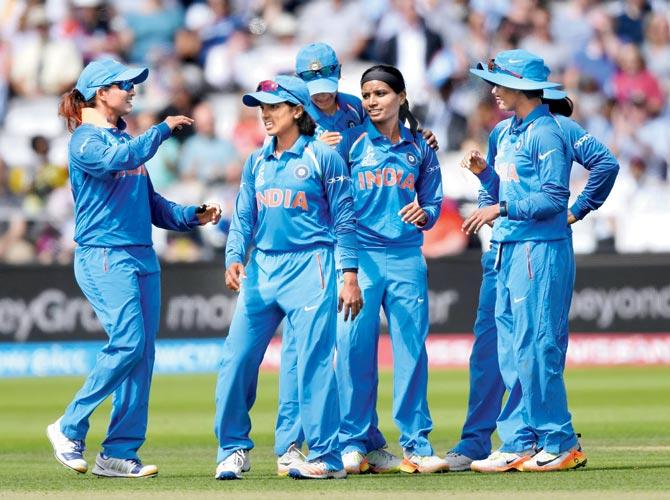 India players celebrate a wicket during the World Cup final against England at Lord’s in London last July