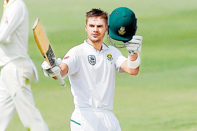 South Africas Aiden Markram celebrates his century on Day One of the fourth Test against Australia at the Wanderers yesterday. Pic/AFP
