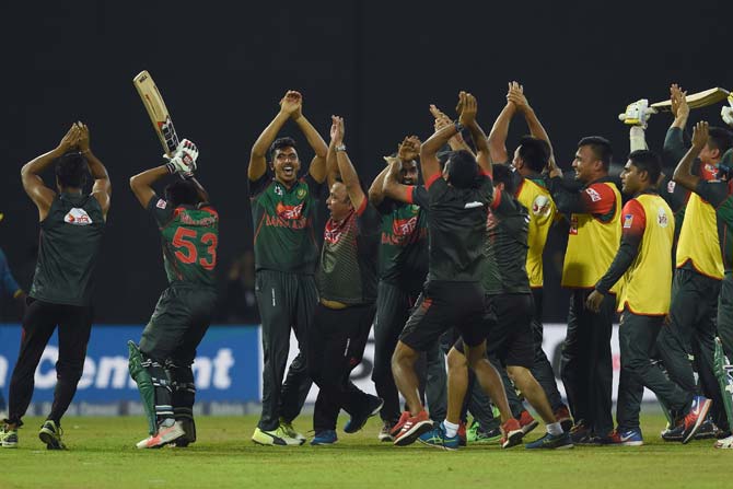 Bangladesh players perform naagin dance as they celebrate their victory over Sri Lanka. Pic/ AFP