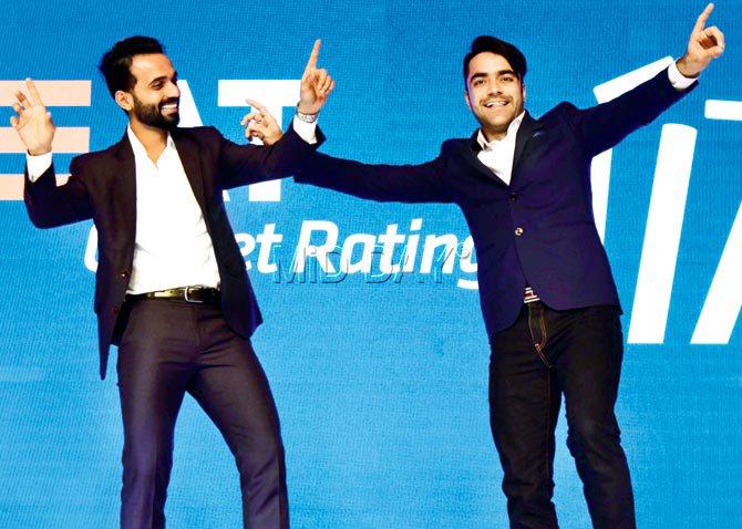 India batsman Ajinkya Rahane and Afghanistan spinner Rashid Khan at the Ceat Awards in the city last night. Pic/Suresh Karkera