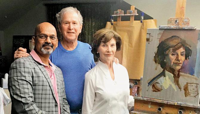 Artist and faculty member Vilas Tonape with former US President George W Bush and former First Lady Laura Bush