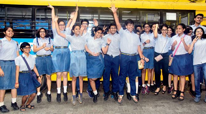 Students celebrate at the RN Podar School, where 176 scored above 90 per cent and 84 scored above 95 per cent. Pic/Sameer Markande