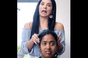 Sunny Leone gives head massage to her hair stylist