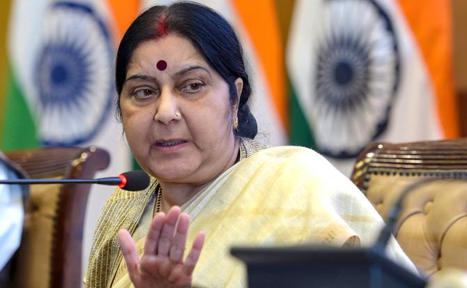 External Affairs Minister Sushma Swaraj speaks during the ministry