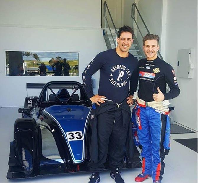 Mitchell Johnson posted this picture with racing car driver Adam. Johnson wrote, 'Cheers @adamarjoram for getting me around the track today #coach #racelines #gofaster Bloody heaps of fun in the Radical @ariseracing'