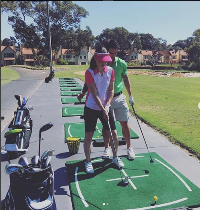 Mitchell Johnson spotted here, playing Golf with wife Jessica Bratich. Johnson wrote, 'October is Golf month @golfaust We all have that someone @jessicabratichjohnson who has never played so golf month is all about getting that one person out on the golf course for a round to show them how much fun it is !!! Let's get the #golfbug & enjoy the outdoors. #golfmonth #golf #golfkit'