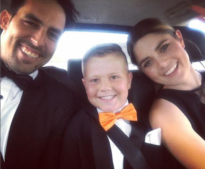 Mitchell Johnson posted this picture, congratulating his godson. Johnson wrote, 'Best of luck to our godson @kayden_minear on being nominated for the Rac WA sports awards tonight!!!! Massive year winning 50cc & 65cc at Aussie titles backing it up from last year !!! #wa #sports #motocross #bowtiegame'
