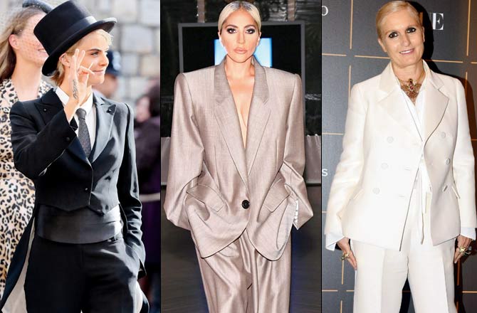 No half-measures for Cara Delevingne who pairs her tux with a top hat. Pic/AFP, Trust Lady Gaga to rock an oversized, boxy suit. Pic/Instagram and Maria Grazia Chiuri makes a crisp case for androgynous clothing