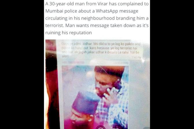 The WhatsApp message branding him a terrorist and asking the public to hand him over to police