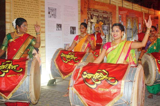 Dhol tasha musicians perform at the inauguration of the Prithvi Festival