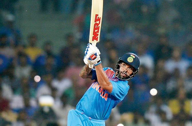 Shikhar Dhawan en route his 62-ball 92 during the third T20I against West Indies at the MA Chidambaram Stadium on Sunday. Pic/AFP