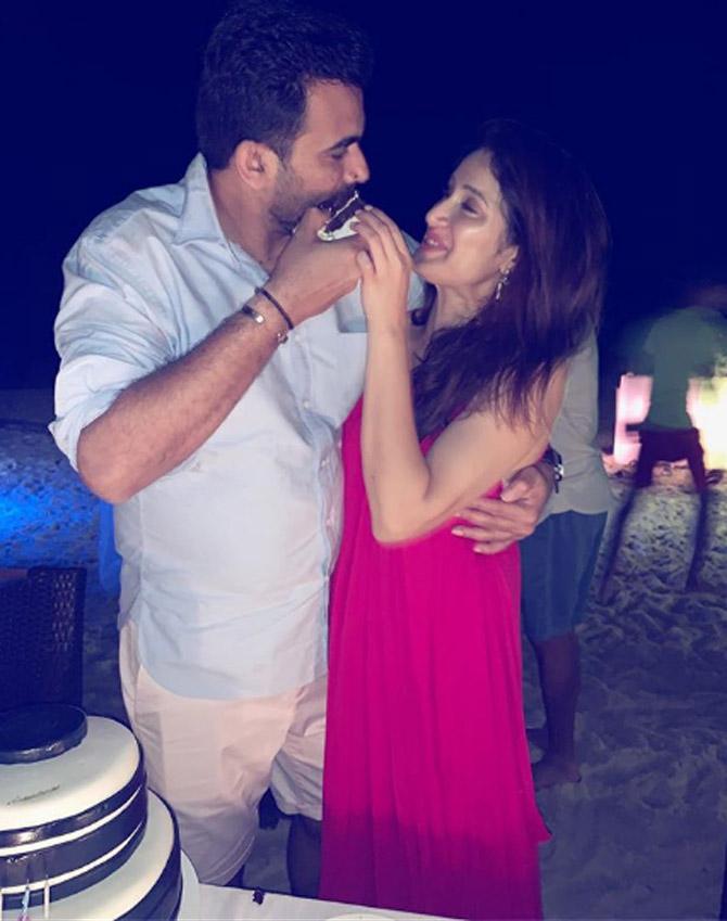 Zaheer Khan celebrated his 40th birthday on October 7, 2018 in wild fashion, with wife Sagarika Ghatge and his closest friends, at a beach resort in Maldives. The pictures the couple has uploaded from the birthday bash are a must watch. In pic: Zaheer Khan shared this adorable picture from his cake cutting ceremony, where he is seen feeding the cake to Sagarika Ghatge