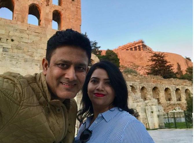 A right-arm leg spin (leg break googly) bowler, Anil took 619 wickets in Test cricket and remains the third-highest wicket taker of all time (after Muttiah Muralitharan and Shane Warne). In picture: Anil Kumble with his wife Chethana in Greece