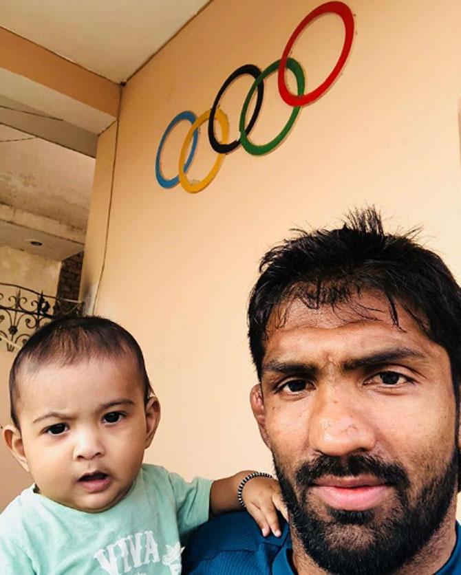 Yogeshwar Dutt posted this adorable picture with his son, from the Olympic village.