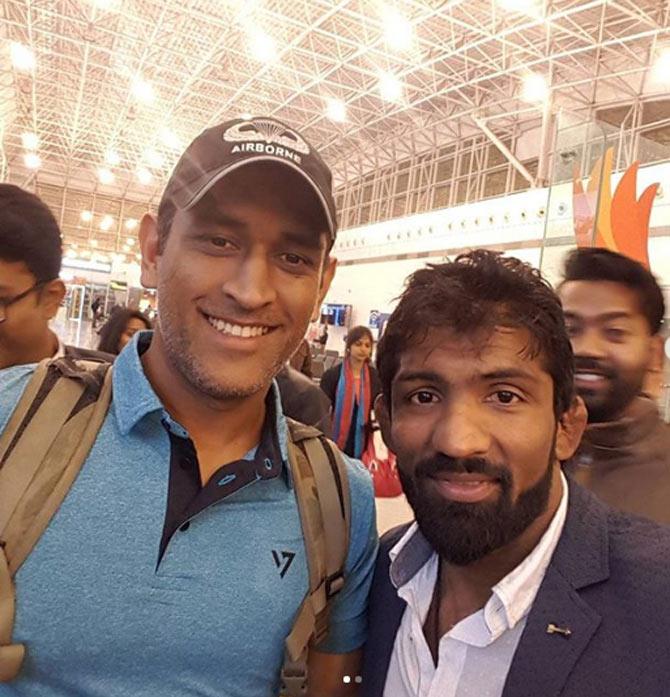 Two champs in one pic! Yogeshwar Dutt posted this picture when he met former Indian World Cup winning captain Mahendra Singh Dhoni