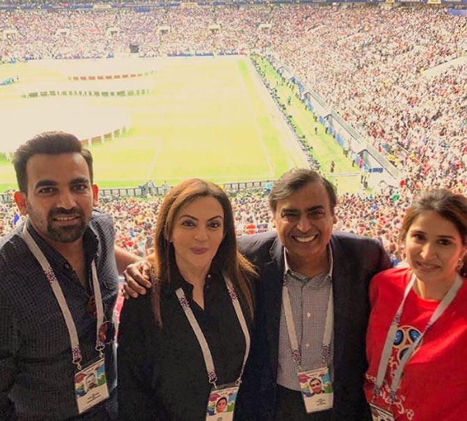 Zaheer Khan posted this picture during the FIFA World Cup 2018, where he is spotted watching the match with Mukesh and Nita Ambani, alongwith Sagarika Ghatge. He captioned, 'What an amazing atmosphere at the finals last night #fifaworldcup'