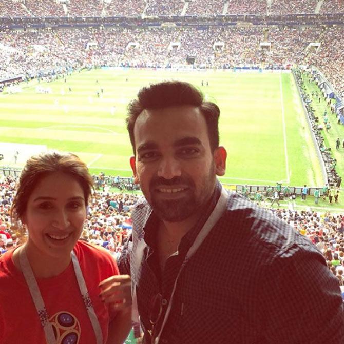 Zaheer Khan and Sagarika Ghatge were spotted supporting different teams during the FIFA World Cup. He captioned, 'On opposite sides today #fifafinals2018'