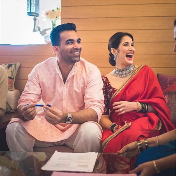 In picture: Sagarika Ghatge and Zaheer Khan caught in a candid moment during an event. They looked dazzling in traditional Indian attire.