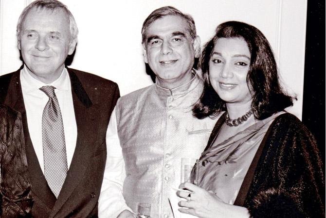 Puthli with Sir Anthony Hopkins and Ismail Merchant at a party