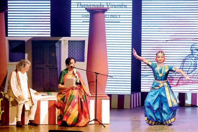 Anil Dharker (left) and Geeta Gopalakrishnan watch a dance performance during the launch of the latter