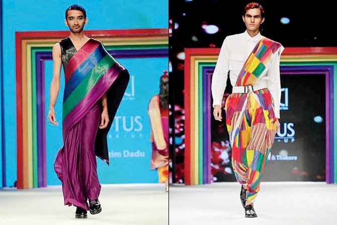 Rimzim Dadu and David Abraham & Rakesh Thakore showed us heavenly sarees could look equally handsome on men too. Pics/Fashion Design Council of India Instagram account