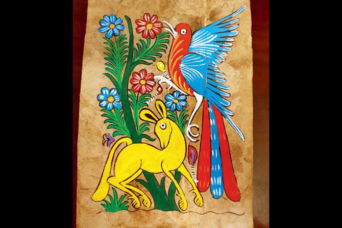 Amates are paintings made on bark made by artisans from San Pablito. They transitioned from painting birds and animals to scenes of everyday life