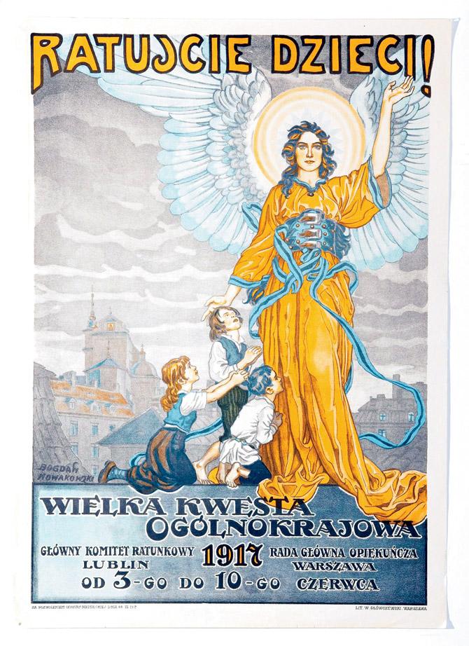 This 1917 poster by Bogdan Nowakowski borrows elements from folklore to spur donations for a charity drive for children.