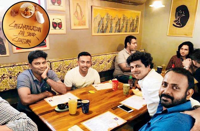 Prithvi Shaw (second from left) with his friends at Fatty Bao; (inset) a congratulatory message for the Test centurion