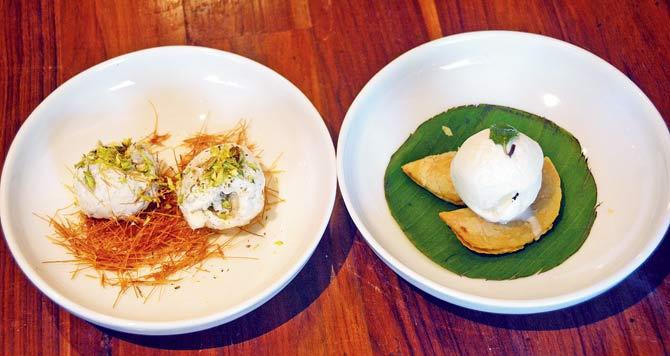 Modak icecrean with crispy vermicelli; Baked coconut fudge karanji with vanilla icecream