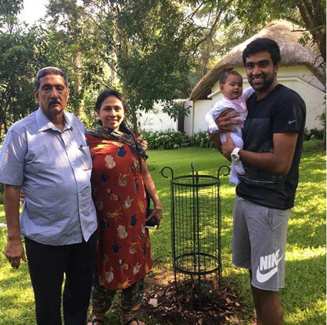 R Ashwin enjoys the simple life in the farm lands of Tamil Nadu during his off-season. He shared this picture with his mother, father and daughter during a family's day out